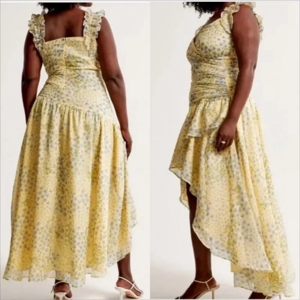 Abercrombie Fitch Ruffle Strap High Low Maxi Dress Size Medium NWT Floral Yellow - Picture 2 of 12